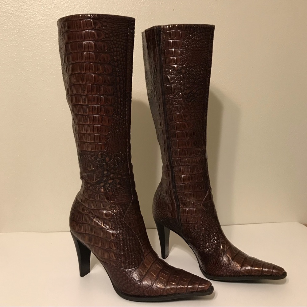 Gianni Bini Liza Genuine Brown Leather Croc Embossed High Heeled Boots Size 7M
